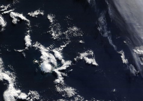 Fair weather at Atlas Cove and on the Laurens Peninsula, Heard Island, taken April 10, 2015.  Nominal resolution is 250 m/pixel.  Image credit: NASA Terra/MODIS.